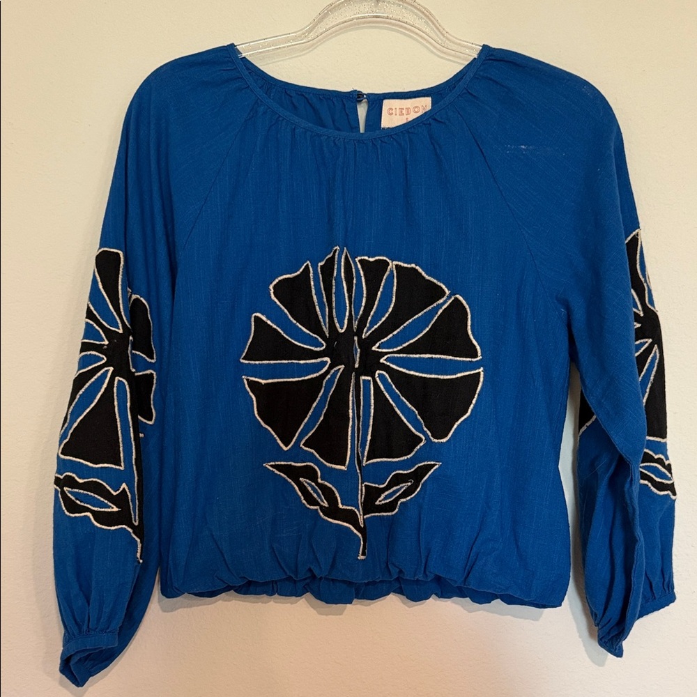 Ciebon Blue Top with Black Floral Design